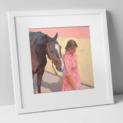 Walking in Step horse & rider art print in white frame
