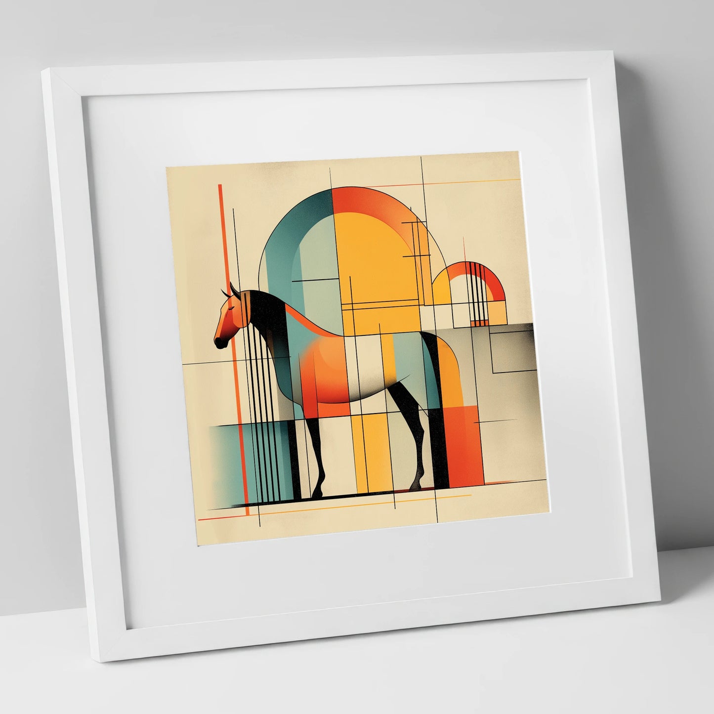 Structured Equine Harmony horse stable art print in white frame