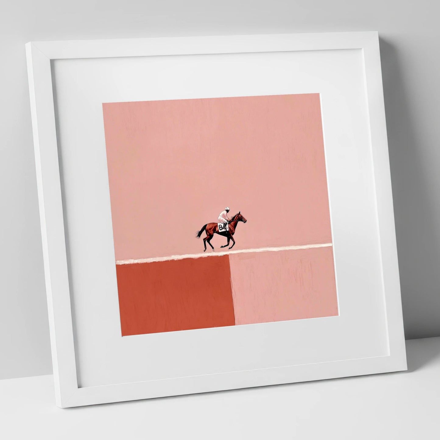 Dusty Rose Canter racing horse art print in white frame