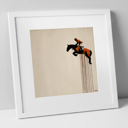 Suspended Flight show jumping horse art print in white frame