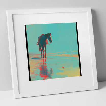 Neon Tide Reflection horse landscape art print in white frame