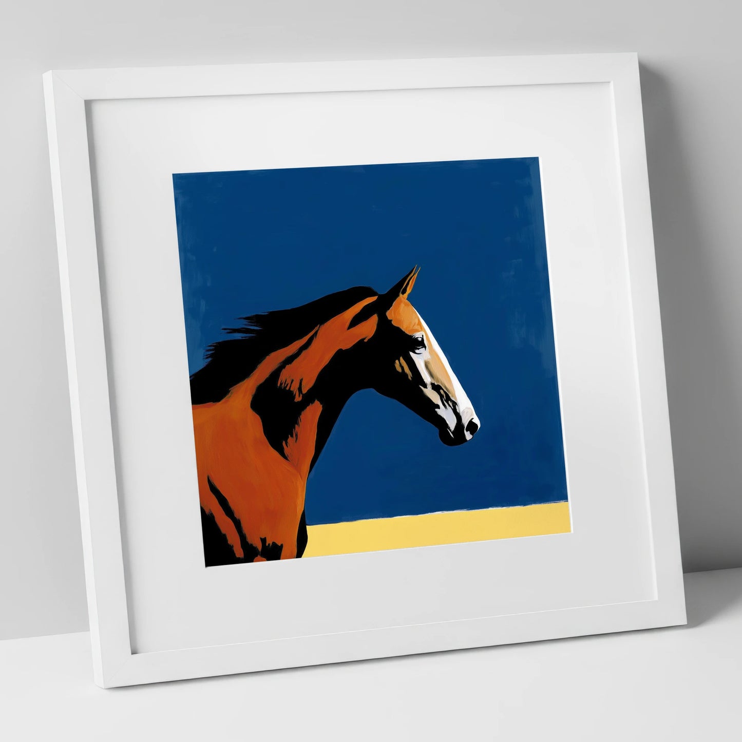 Vibrant Bay Gallop racing horse art print in white frame
