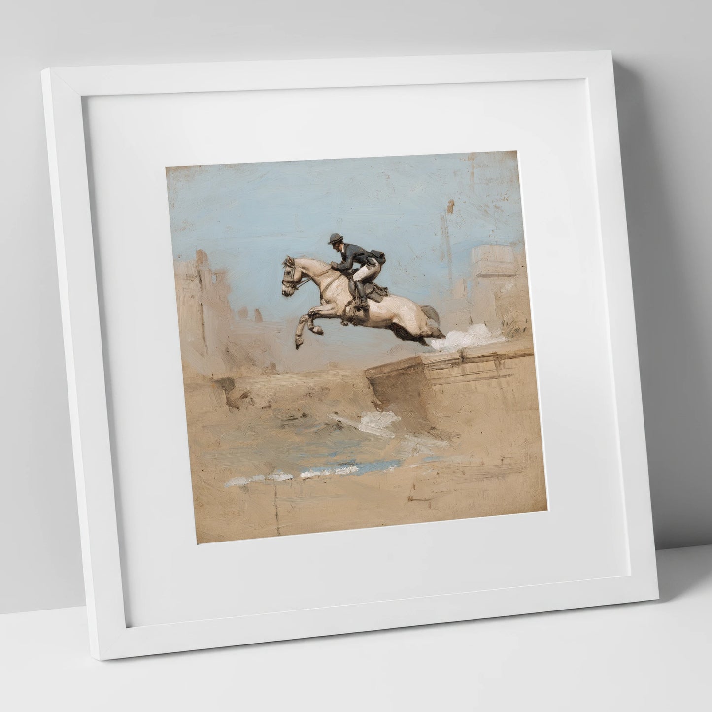 Clearing the Bank show jumping horse art print in white frame