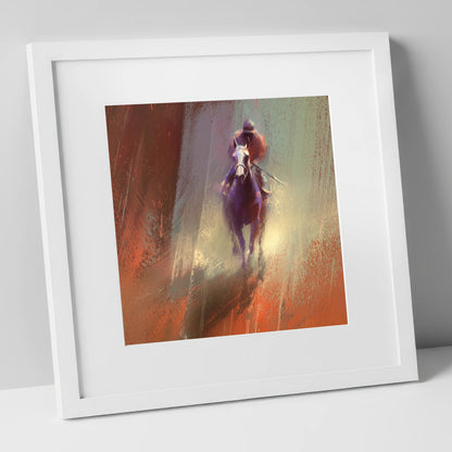 Out of the Haze racing horse art print in white frame