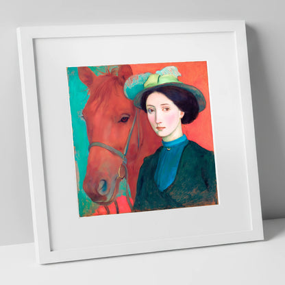 Crimson and Teal Bond horse & rider art print in white frame