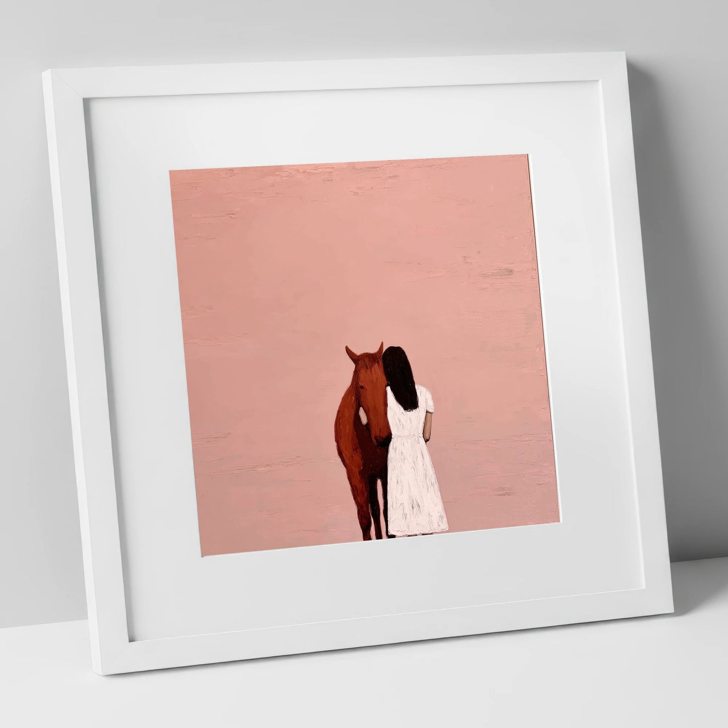 The Quiet Embrace horse & rider art print in white frame