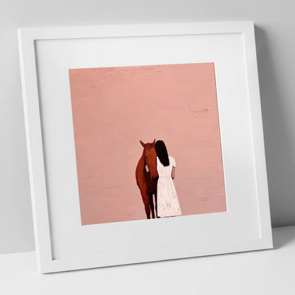 The Quiet Embrace horse & rider art print in white frame