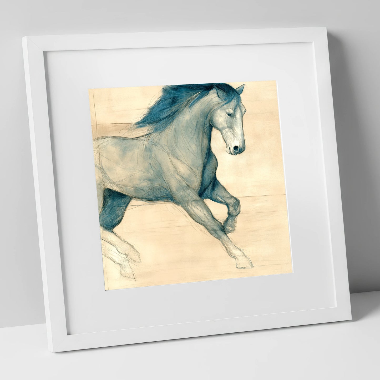 Teal Equine Study horse portrait art print in white frame
