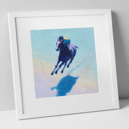 The Indigo Gallop polo horse art print in white frame