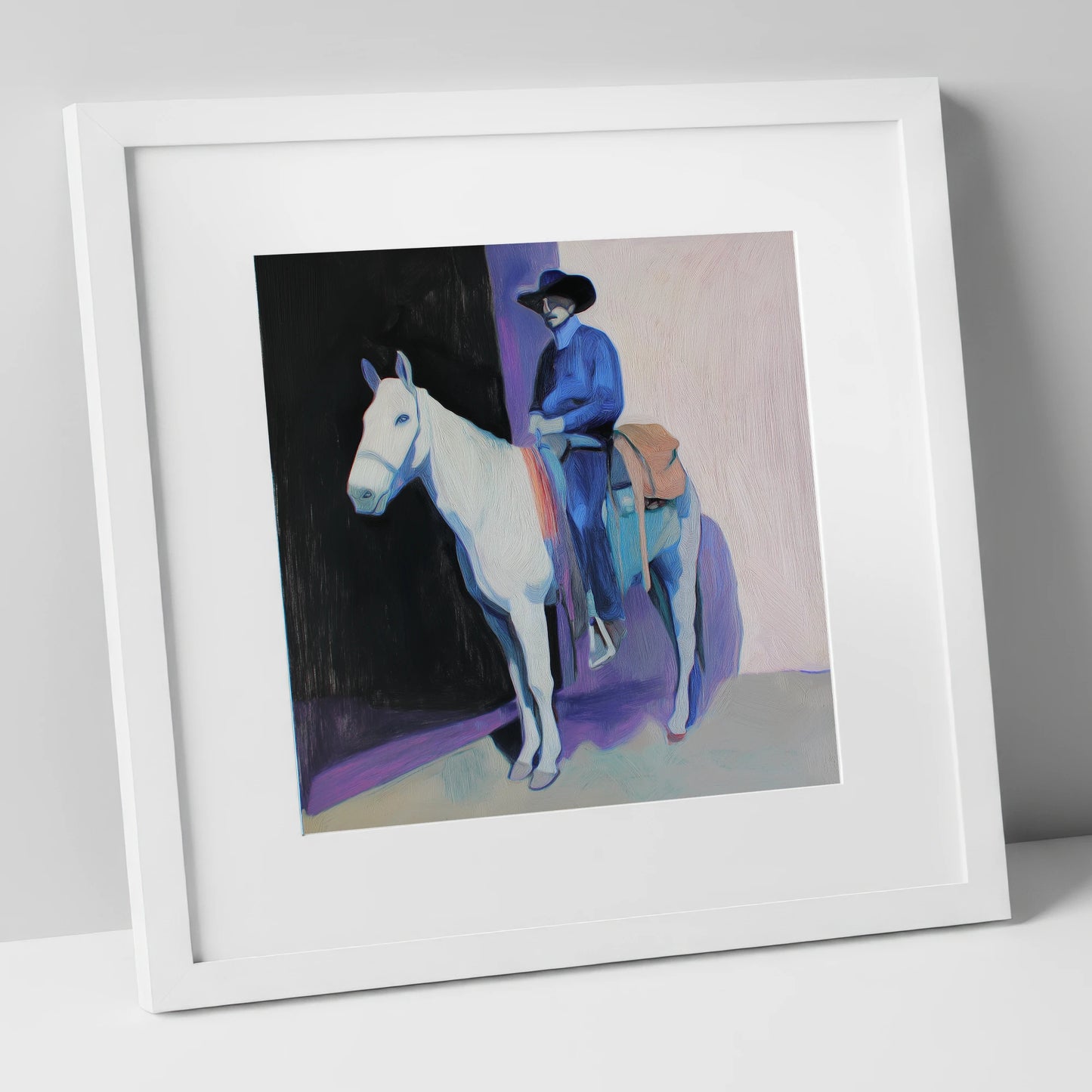 The Indigo Rider western horse art print in white frame