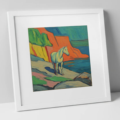 Vibrant Coastal Grey horse landscape art print in white frame