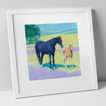 Lavender Meadow Bond mare & foal art print in white frame