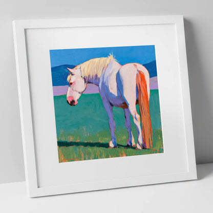 White Horse in Vibrant Light horse breed art print in white frame