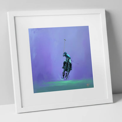 The Violet Chukka polo horse art print in white frame