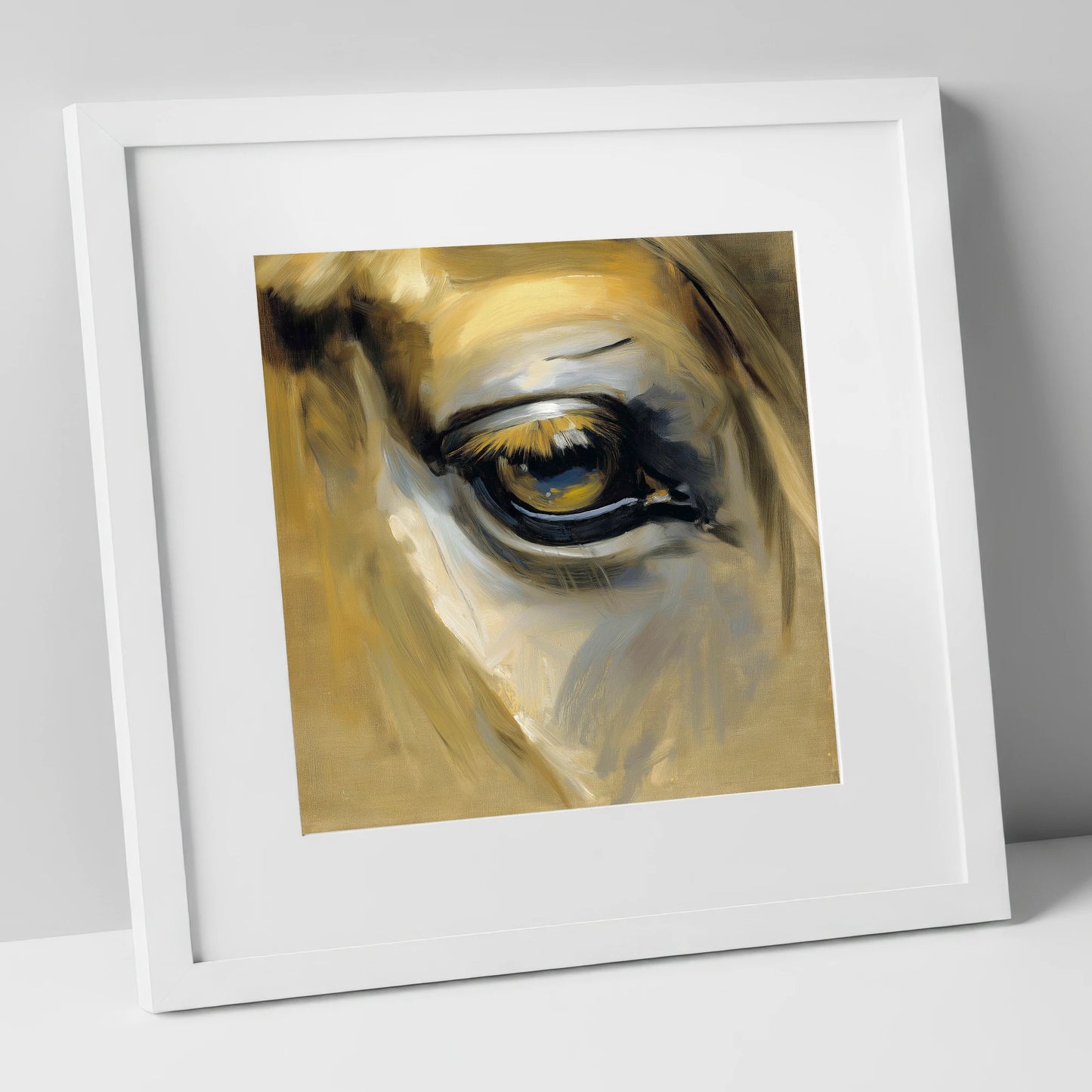 The Amber Gaze horse portrait art print in white frame