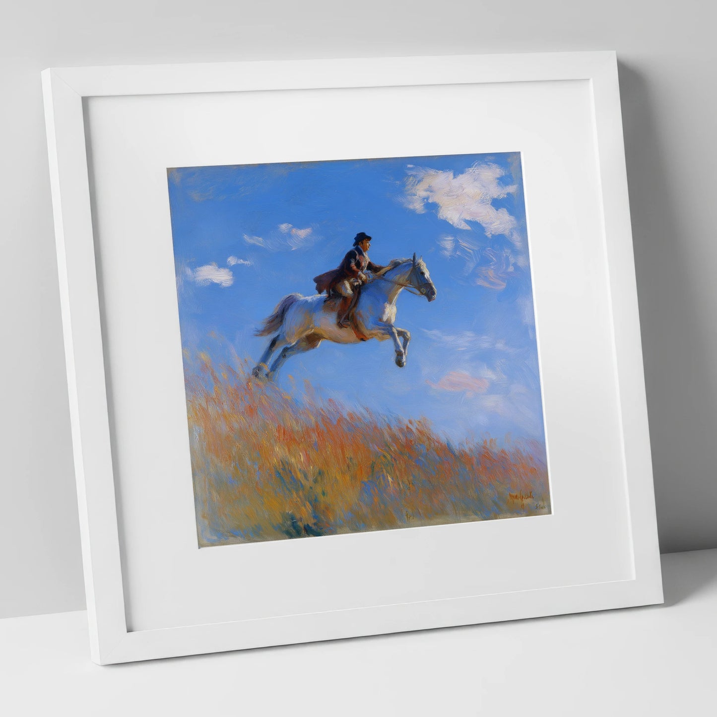 Clearing the Crest show jumping horse art print in white frame