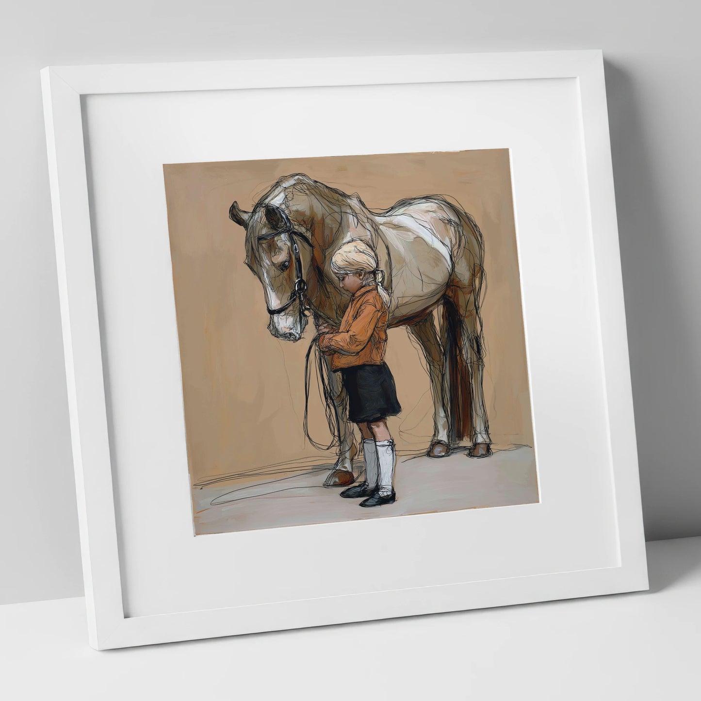 Gentle Companionship horse & rider art print in white frame