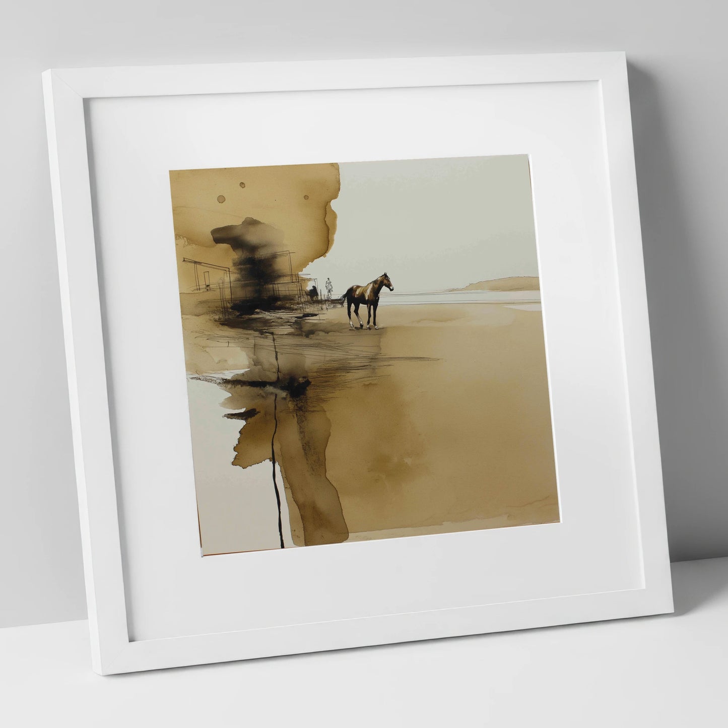 Sepia Solitude horse landscape art print in white frame