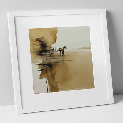Sepia Solitude horse landscape art print in white frame