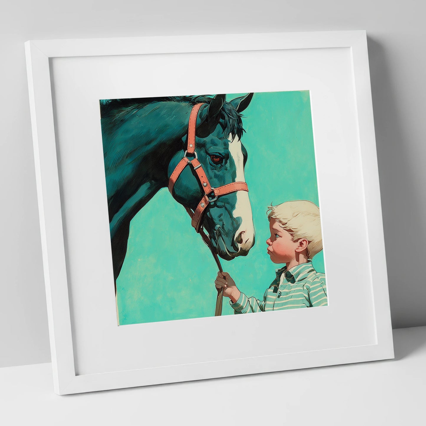 A Quiet Connection horse & rider art print in white frame