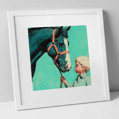 A Quiet Connection horse & rider art print in white frame