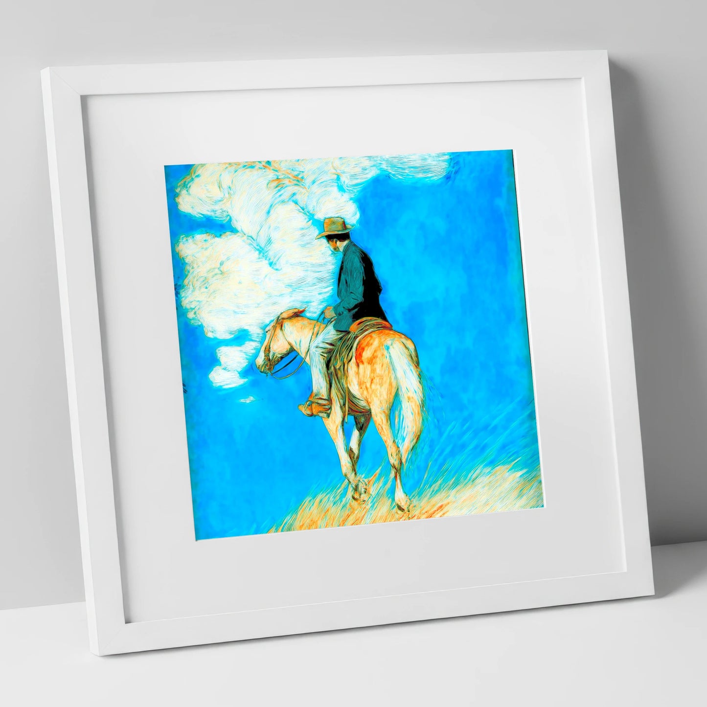 Vivid Western Horizon western horse art print in white frame