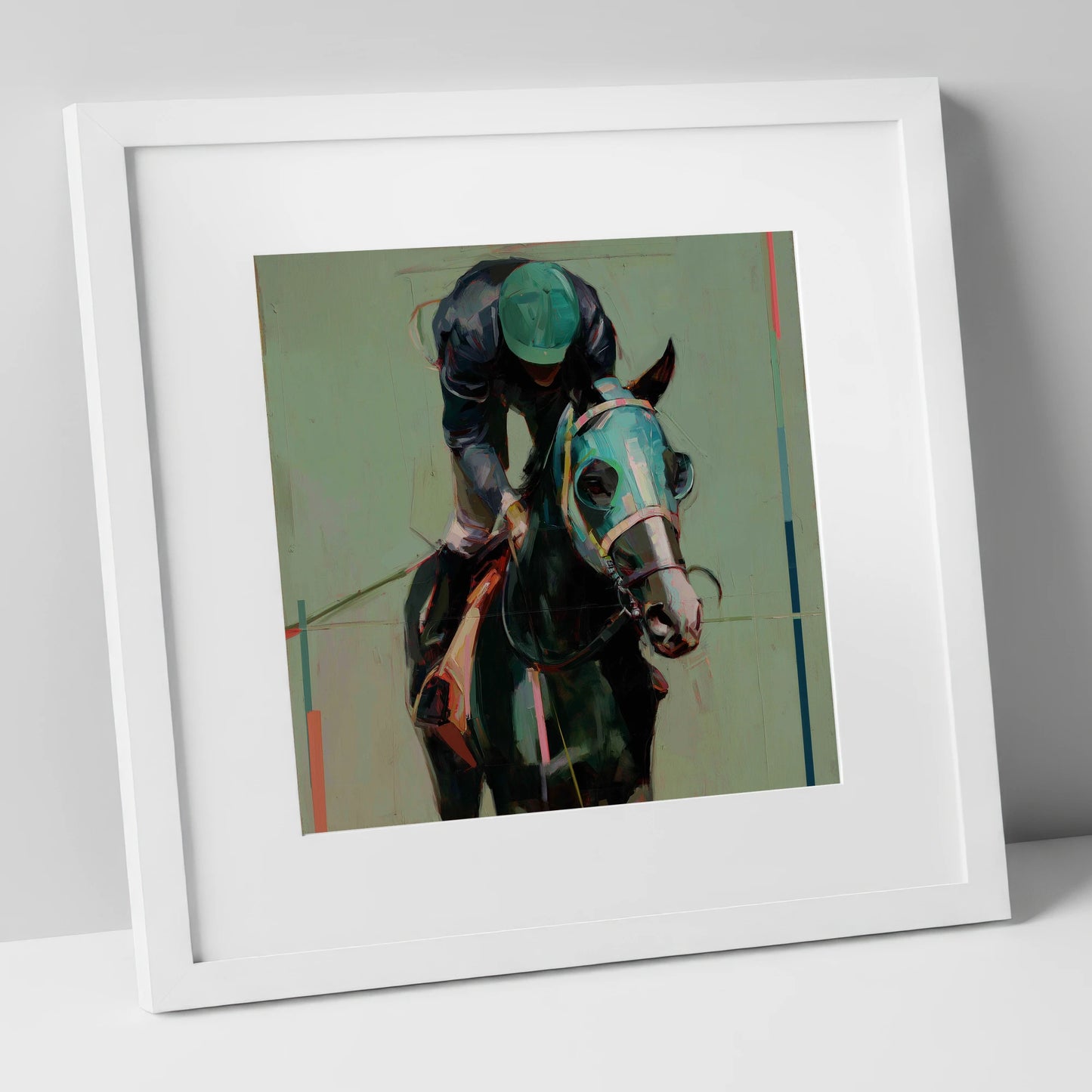 Blinkered Focus racing horse art print in white frame