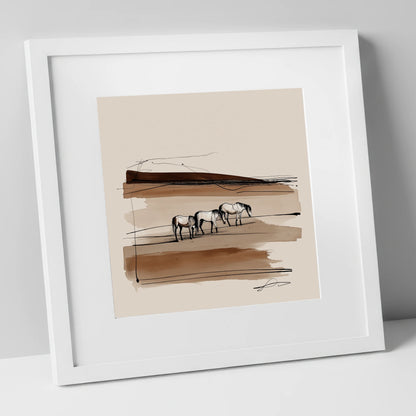 Minimalist Sepia Herd wild horses art print in white frame