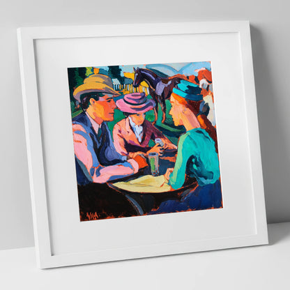 Paddock Society racing horse art print in white frame