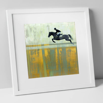 Flight Over Gold show jumping horse art print in white frame