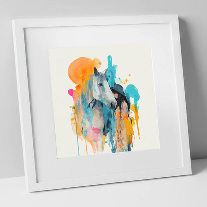 Vibrant Connection horse & rider art print in white frame