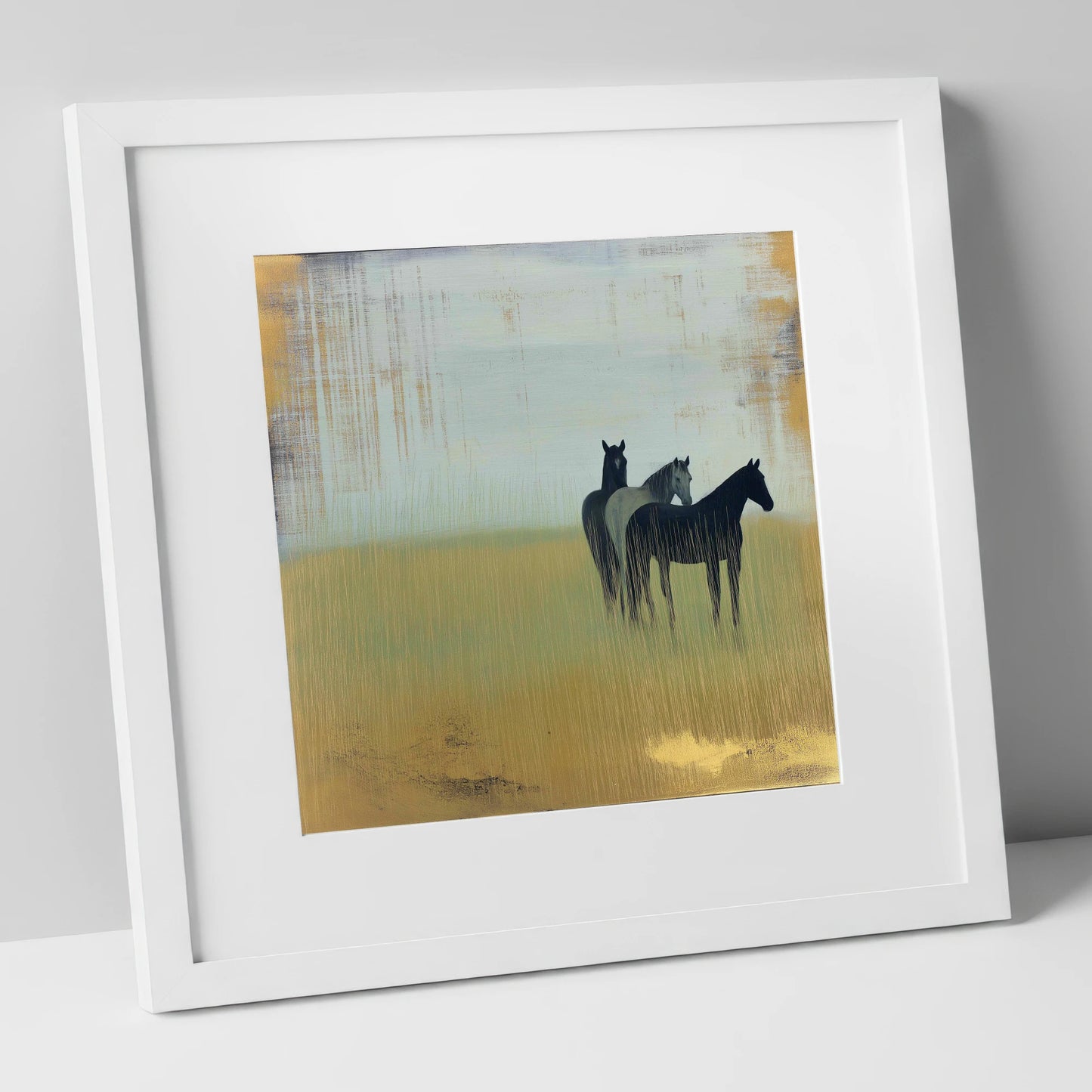 Gilded Meadow Watchers wild horses art print in white frame