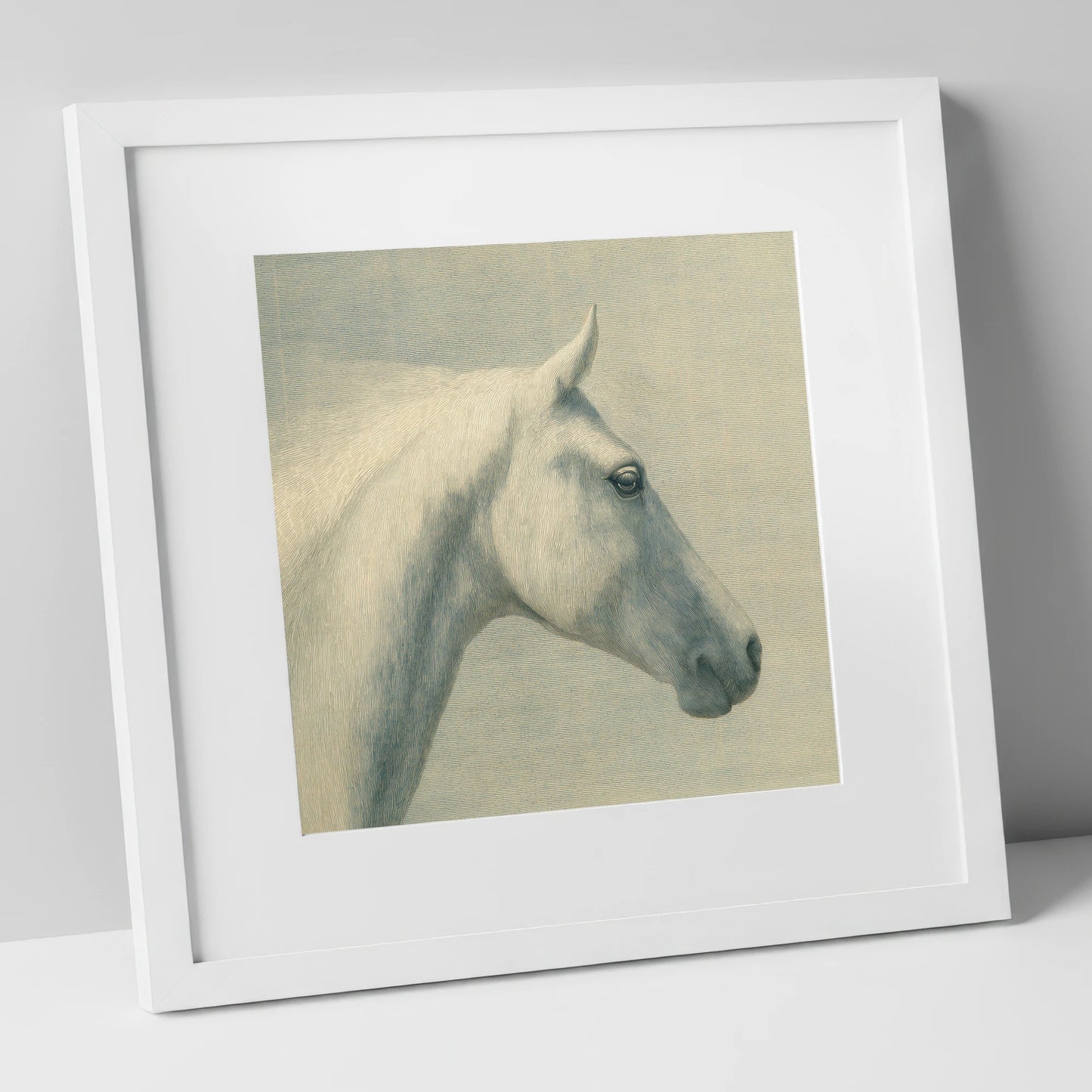Classic Grey Profile horse breed art print in white frame