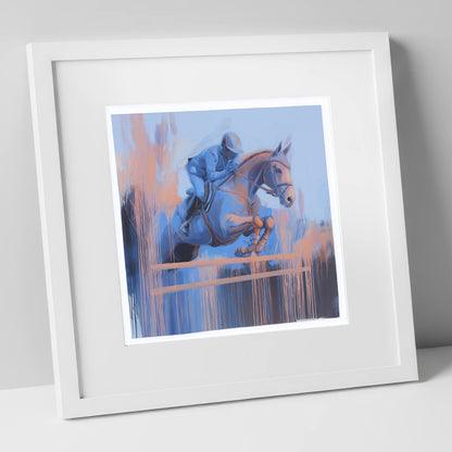 Momentum in Blue and Peach show jumping horse art print in white frame
