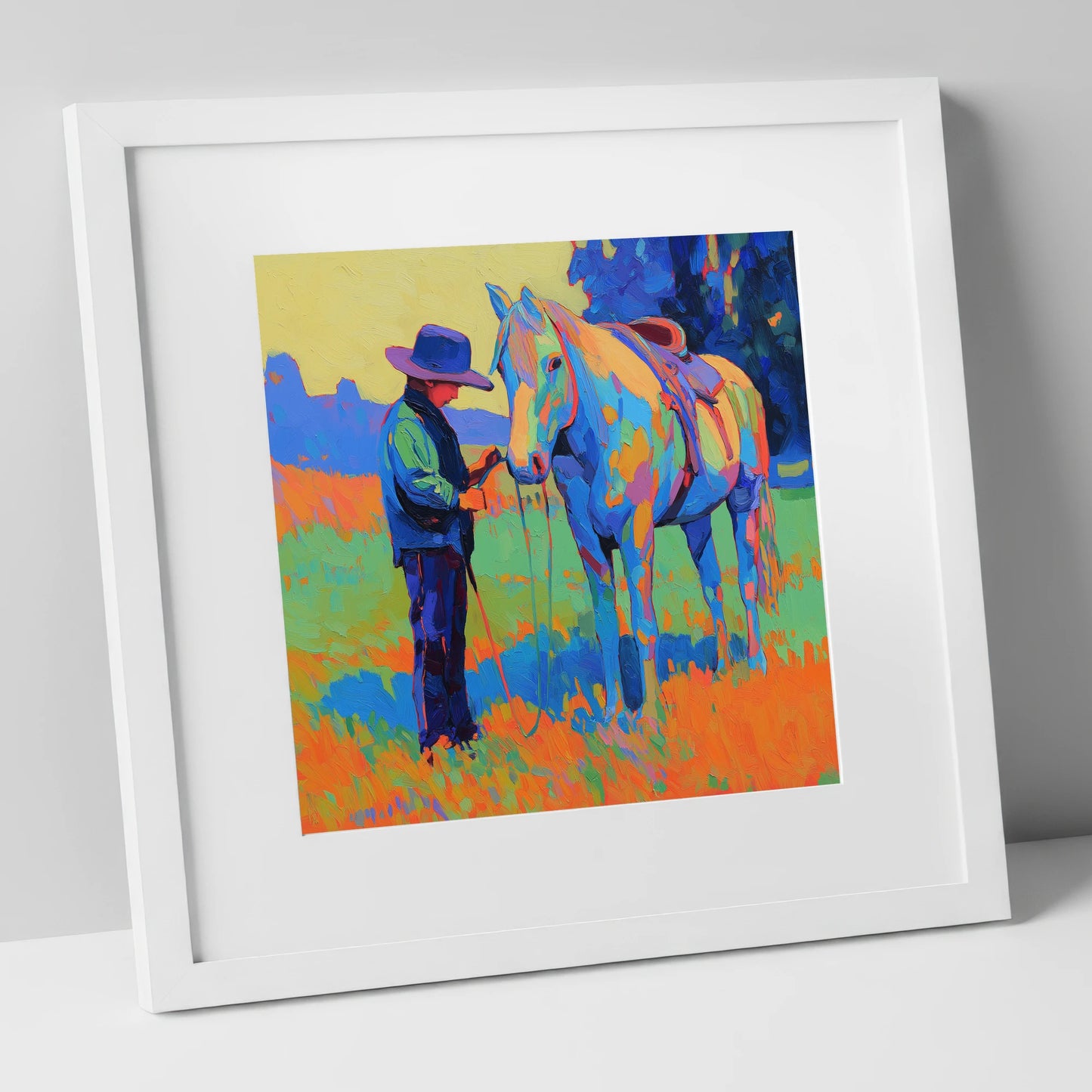 Cobalt Connection horse & rider art print in white frame