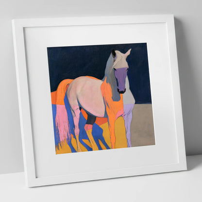 Colourful Abstract Grey Horse horse breed art print in white frame