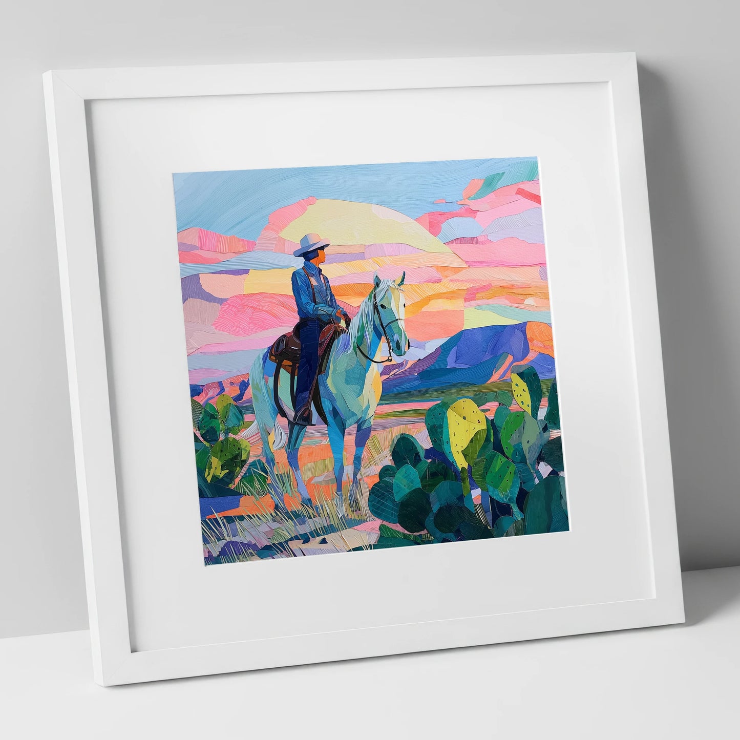 Painted Desert Rider western horse art print in white frame