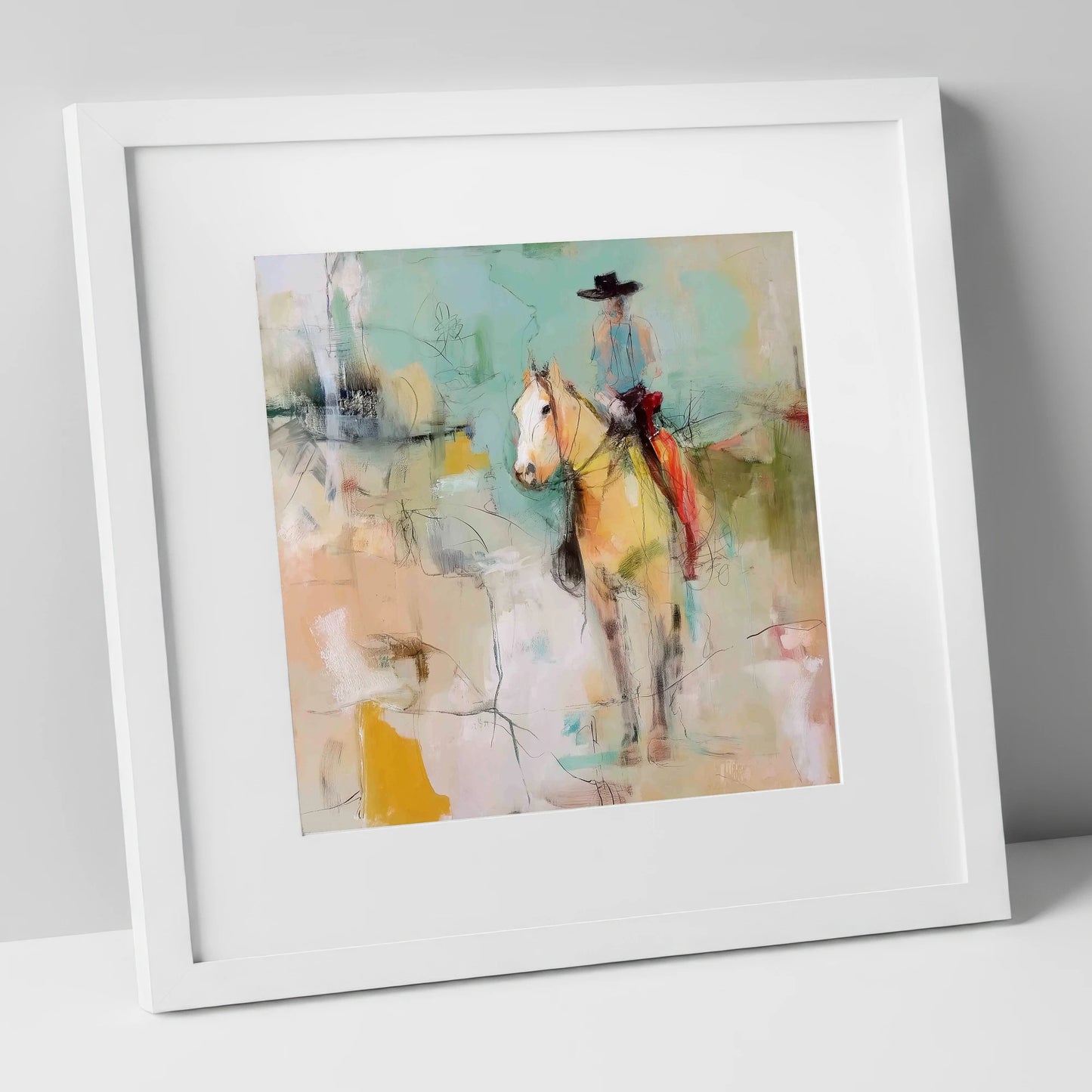 Painted Western Silhouette western horse art print in white frame