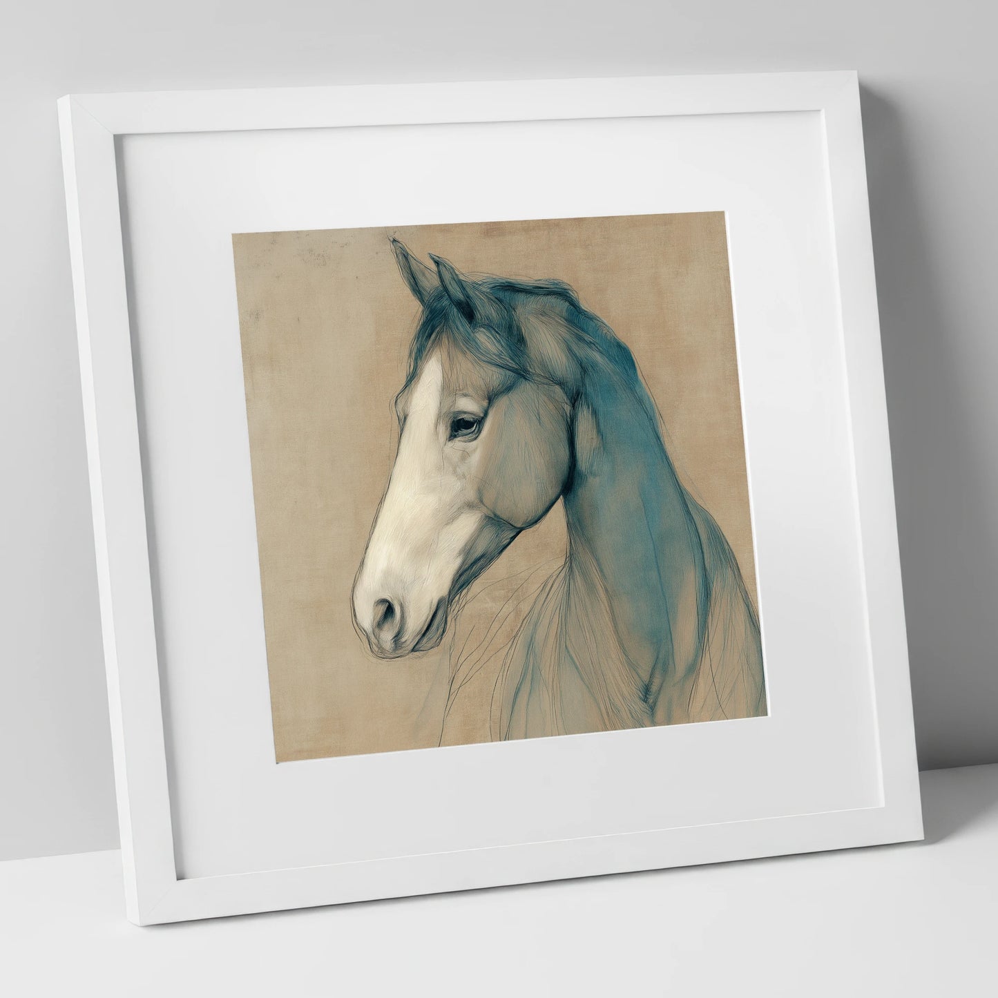 Teal Equine Study horse portrait art print in white frame
