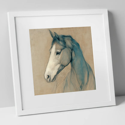 Teal Equine Study horse portrait art print in white frame