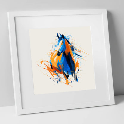 Cobalt and Amber Spirit horse portrait art print in white frame