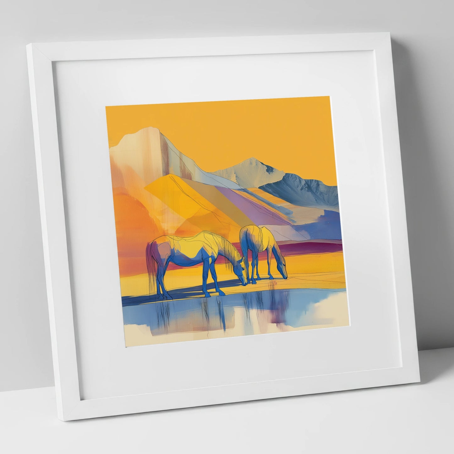 Golden Mountain Pasture horse landscape art print in white frame