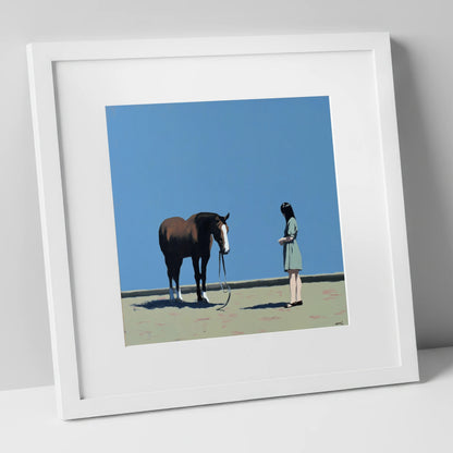The Quiet Exchange horse & rider art print in white frame