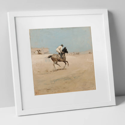 The Morning Gallop racing horse art print in white frame
