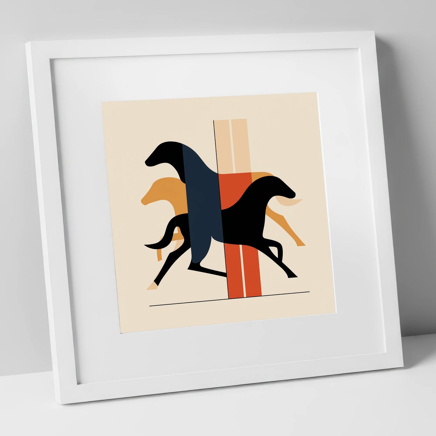 Geometric Gallop racing horse art print in white frame