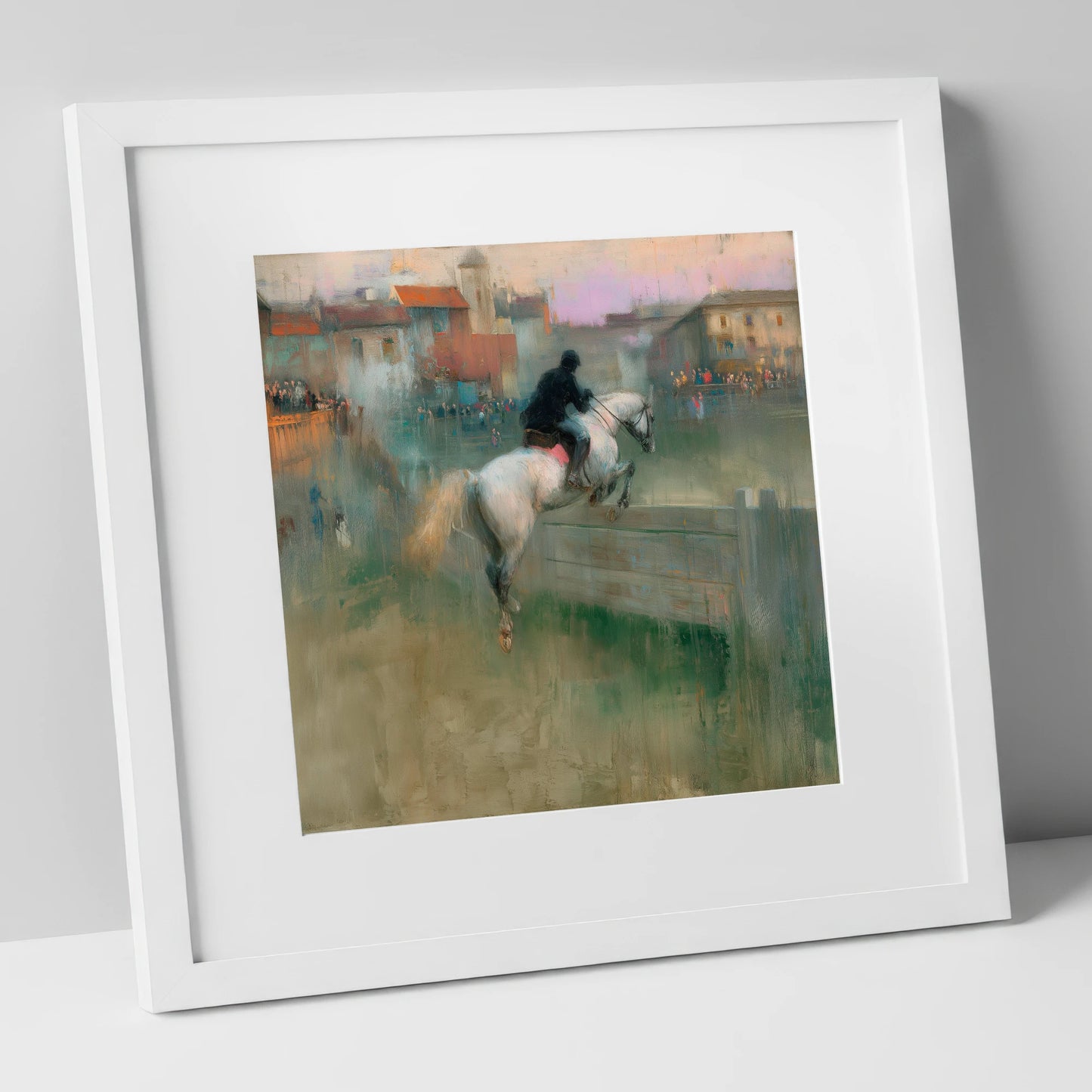 Over the Village Timber show jumping horse art print in white frame