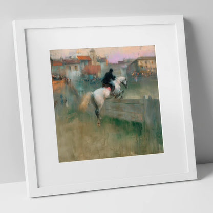 Over the Village Timber show jumping horse art print in white frame