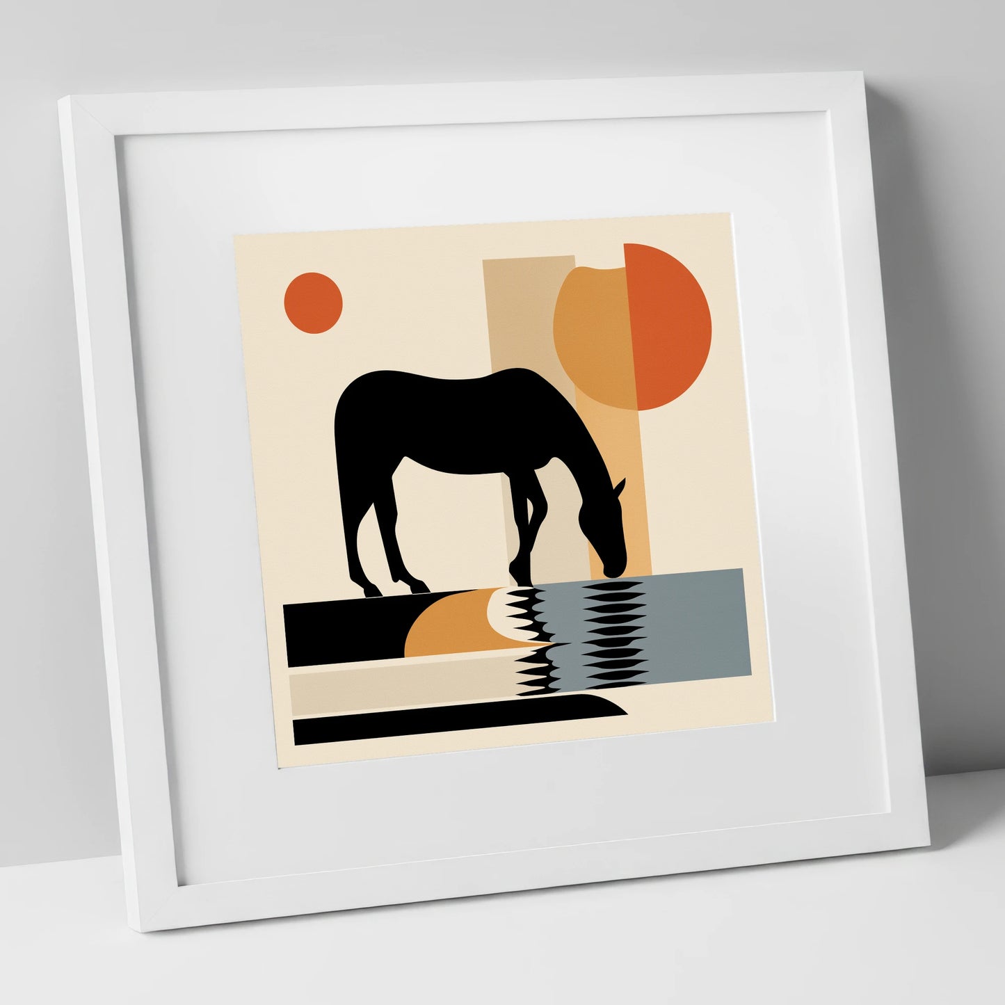 Abstract Oasis Silhouette horse landscape art print in white frame