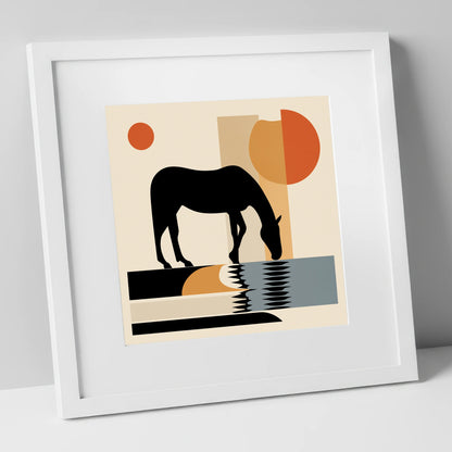 Abstract Oasis Silhouette horse landscape art print in white frame