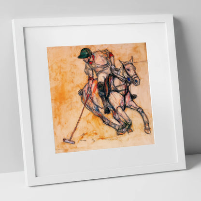 The Decisive Strike polo horse art print in white frame